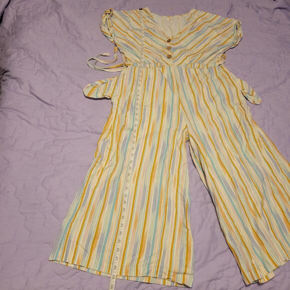 Multicolor Striped Summer Short Sleeve Wide Leg Jumpsuit S/M Pocket World Market - Picture 4 of 8